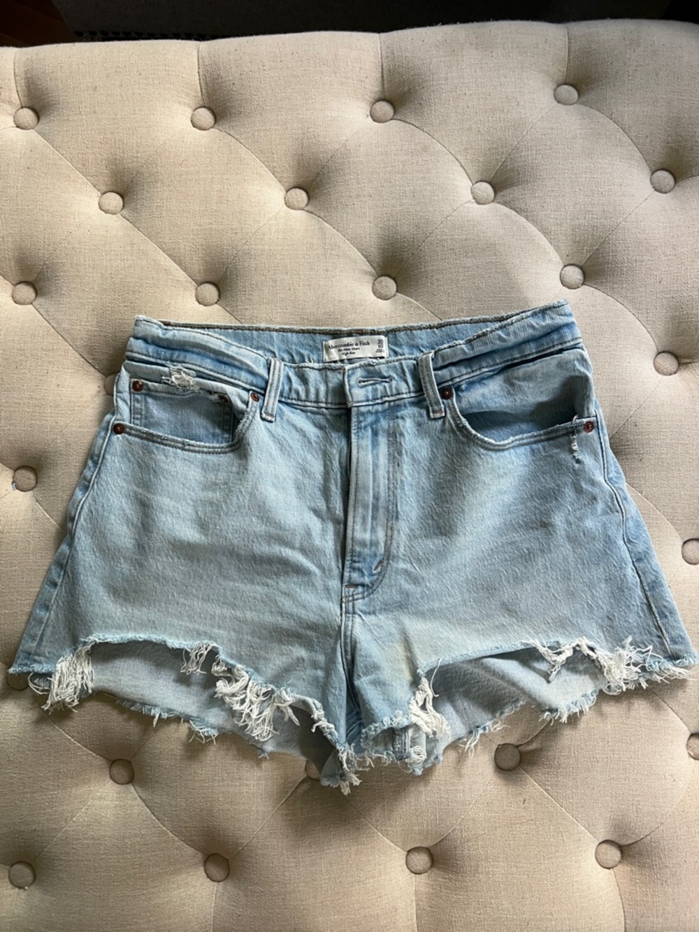 Abercrombie & Fitch High-Rise Light Blue Distressed Denim Shorts